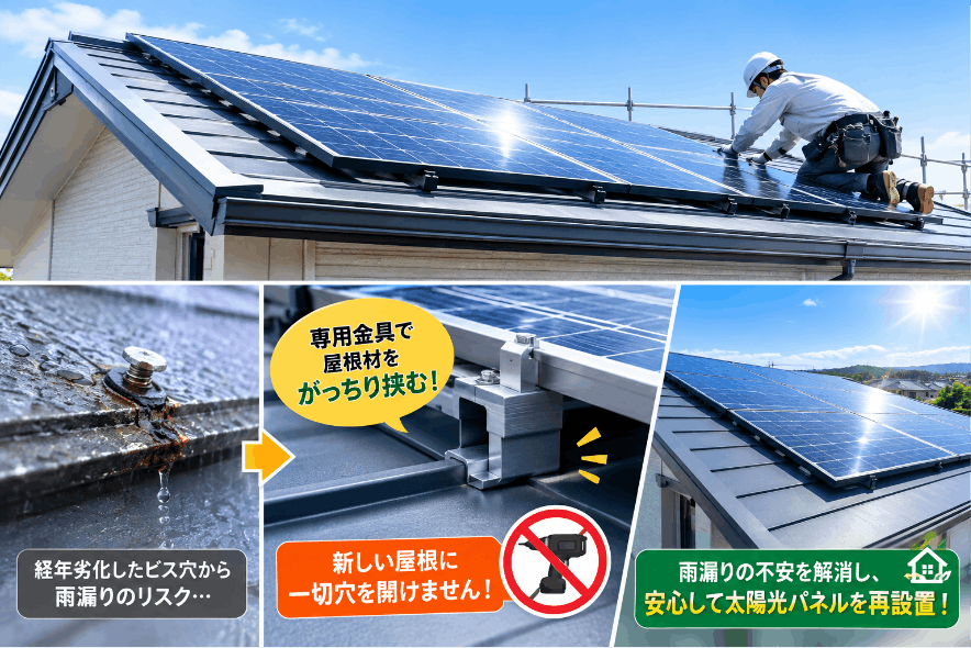 太陽光パネルの雨漏りを防ぐ！「穴を開けない」屋根カバー工法